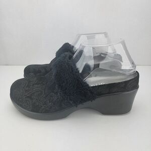 Alegria Womens Size 8-8.5 Black Isabelle Leather Faux Fur Wedge Sandals ISA-931